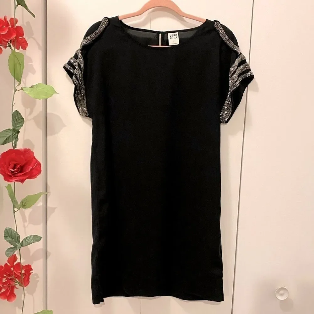 𝅺🌷 Vero Moda 🌷 Black Sheer Sparkly Jewelled Shoulder & Sleeve Detail Tunic Dress - Picture 11 of 11
